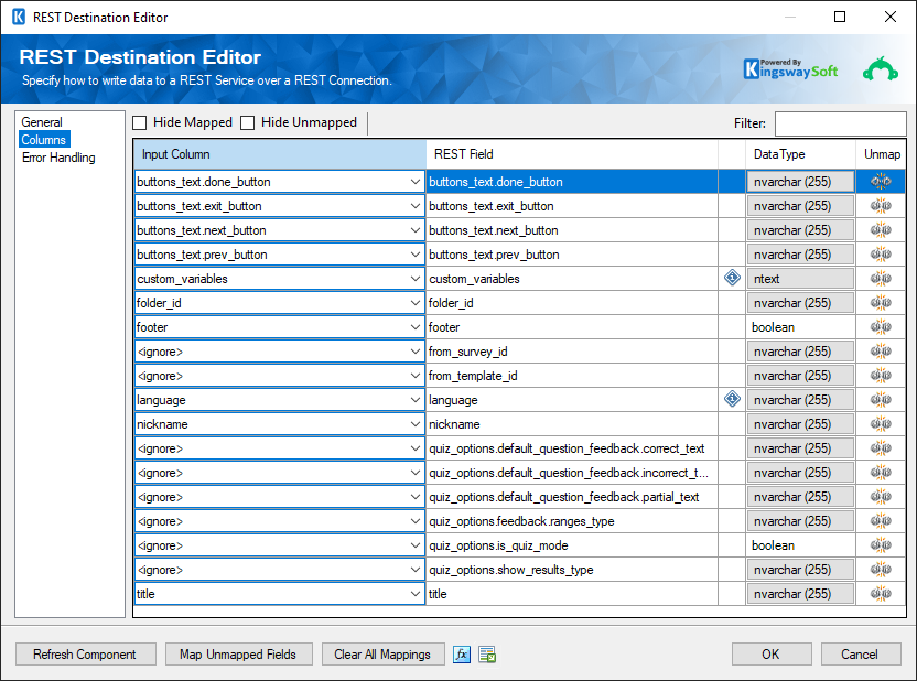 SSIS SurveyMonkey REST Destination - Columns